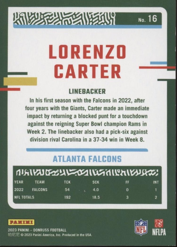 Lorenzo Carter 2023 Panini Donruss Press Proof Gold 13/50 #16 - Collector Store LLC