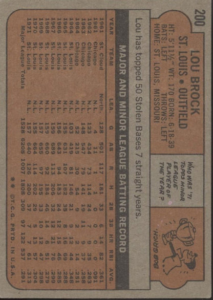 Lou Brock 1972 Topps #200 St. Louis Cardinals EX #3 - Collector Store LLC