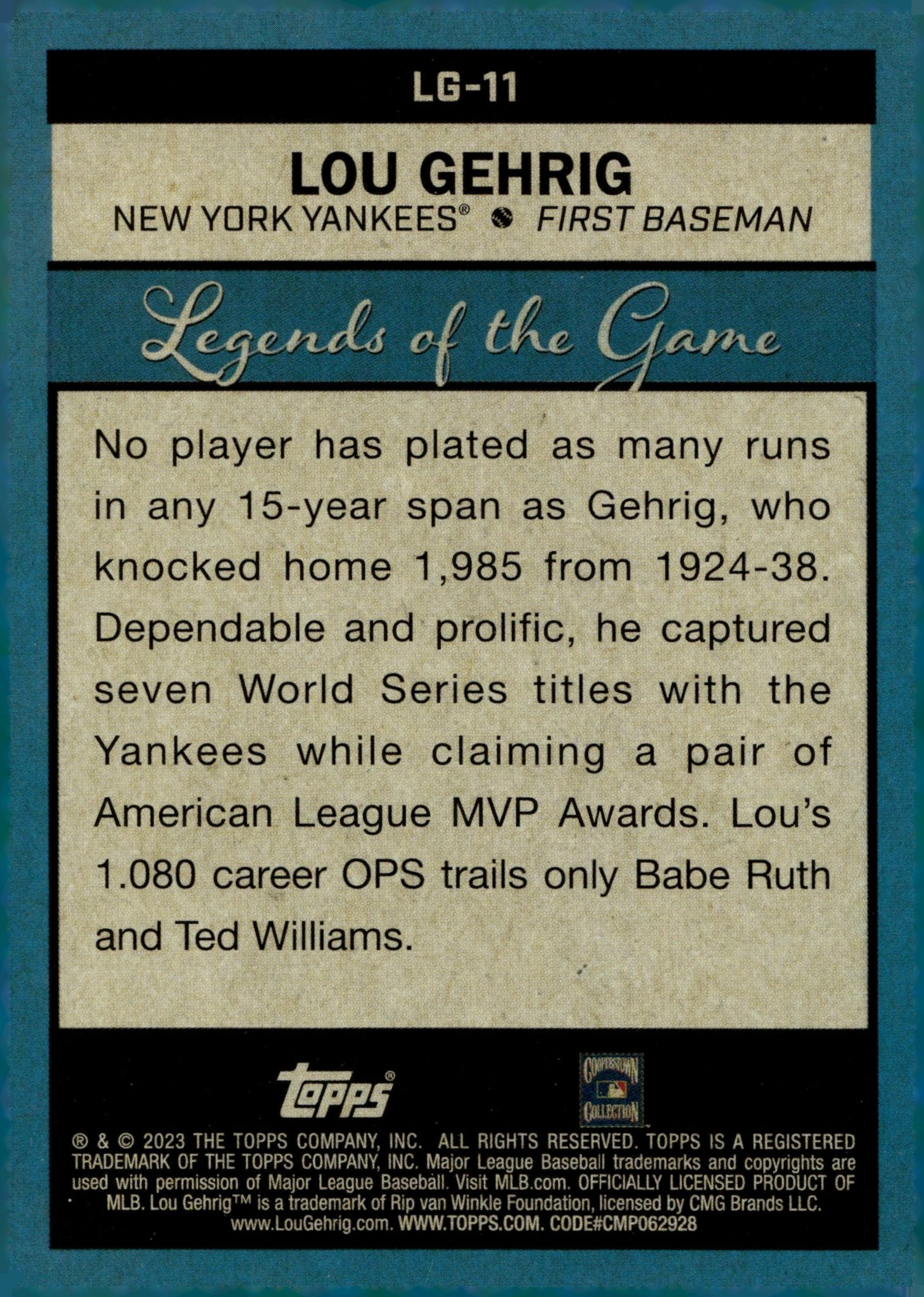 Lou Gehrig 2023 Topps Series 2 Legends of the Game Blue Foil #LG - 11 - Collector Store LLC