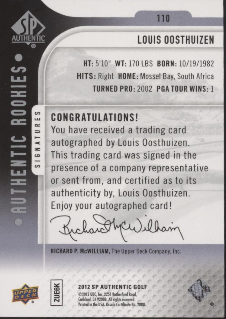 Louis Oosthuizen 2012 Upper Deck SP Authentic RC Auto 436/699 #110 #2 - Collector Store LLC