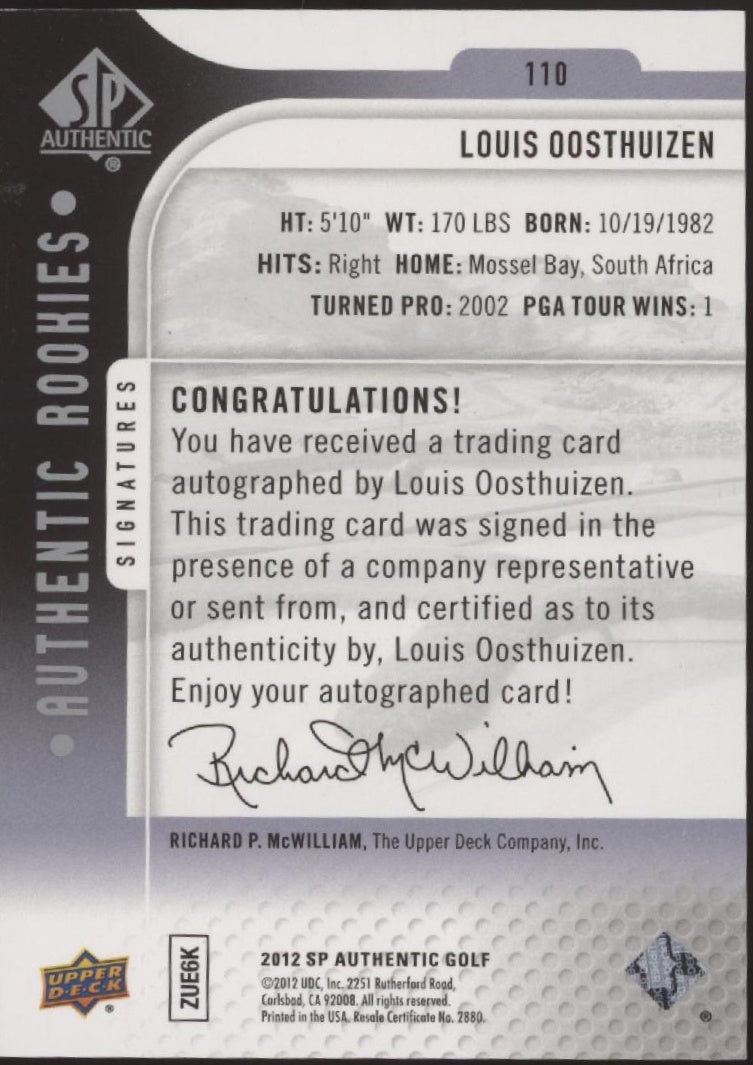 Louis Oosthuizen 2012 Upper Deck SP Authentic RC Auto 437/699 #110 #3 - Collector Store LLC