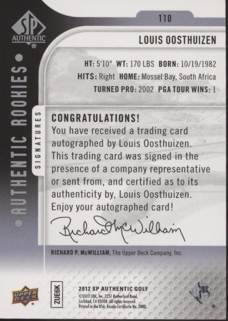Louis Oosthuizen 2012 Upper Deck SP Authentic RC Auto 438/699 #110 #4 - Collector Store LLC