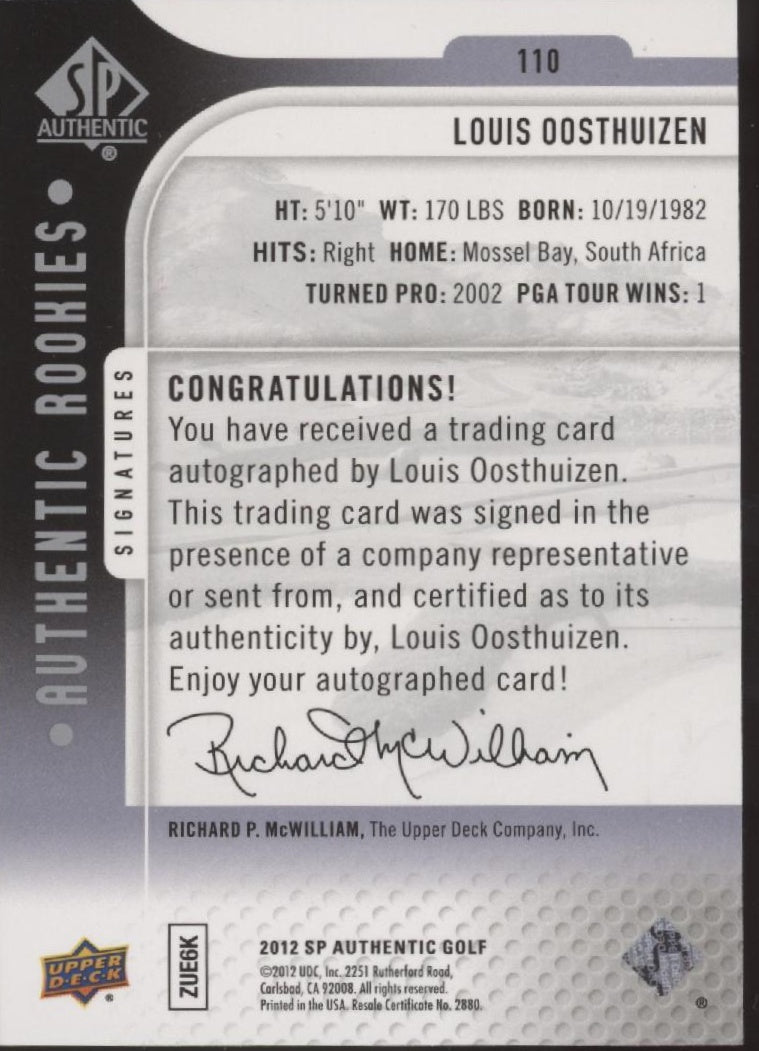 Louis Oosthuizen 2012 Upper Deck SP Authentic RC Auto 440/699 #110 #6 - Collector Store LLC