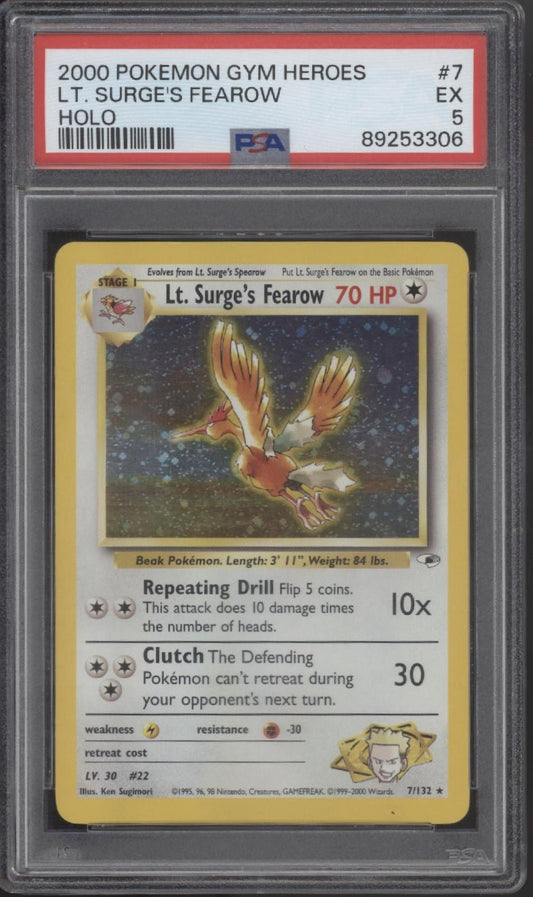 Lt. Surge's Fearow Pokemon Gym Heroes Holo 7 PSA 5 - Collector Store LLC