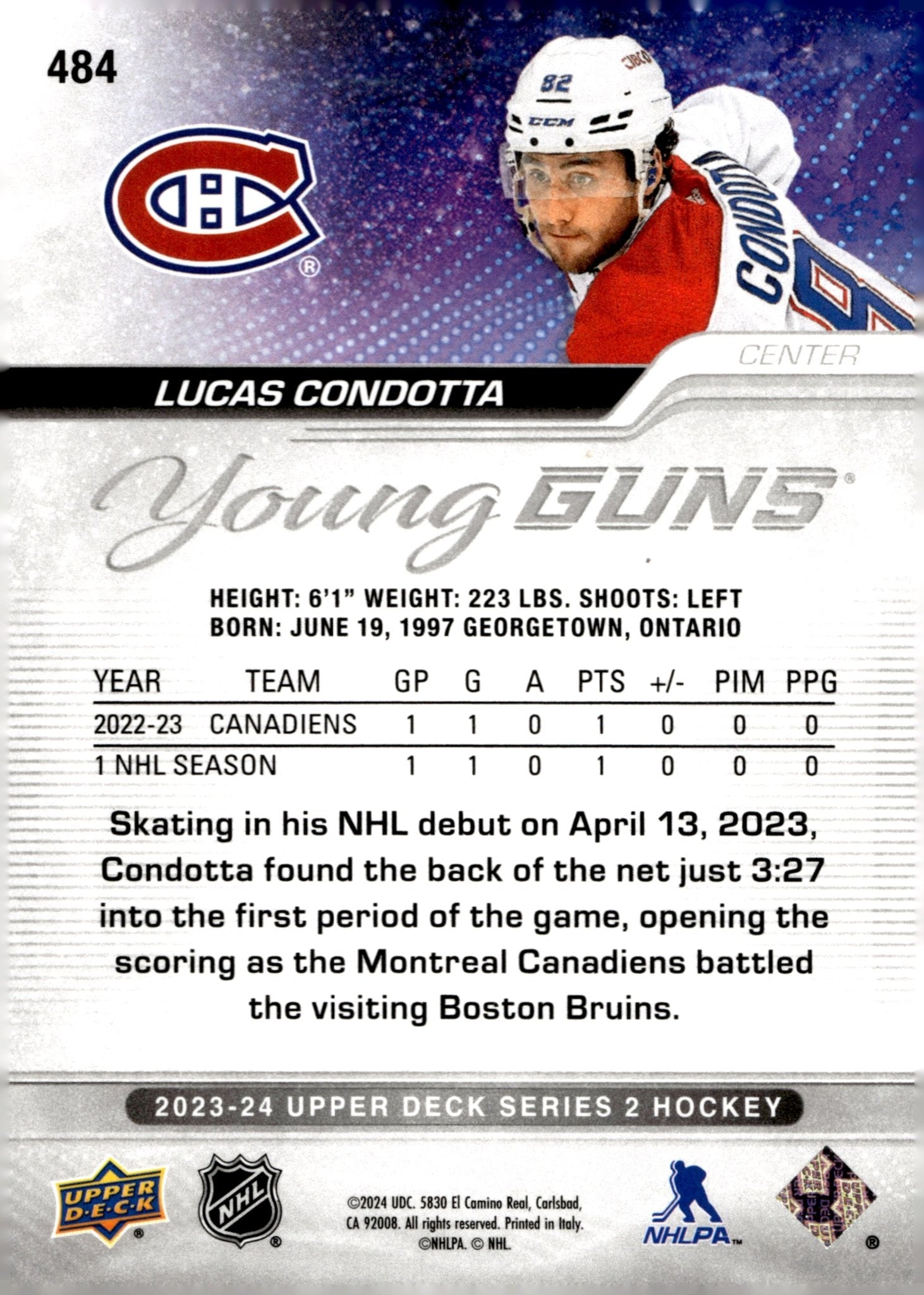 Lucas Condotta 2023 - 24 Upper Deck Series 2 Young Guns RC #484 #1 - Collector Store LLC