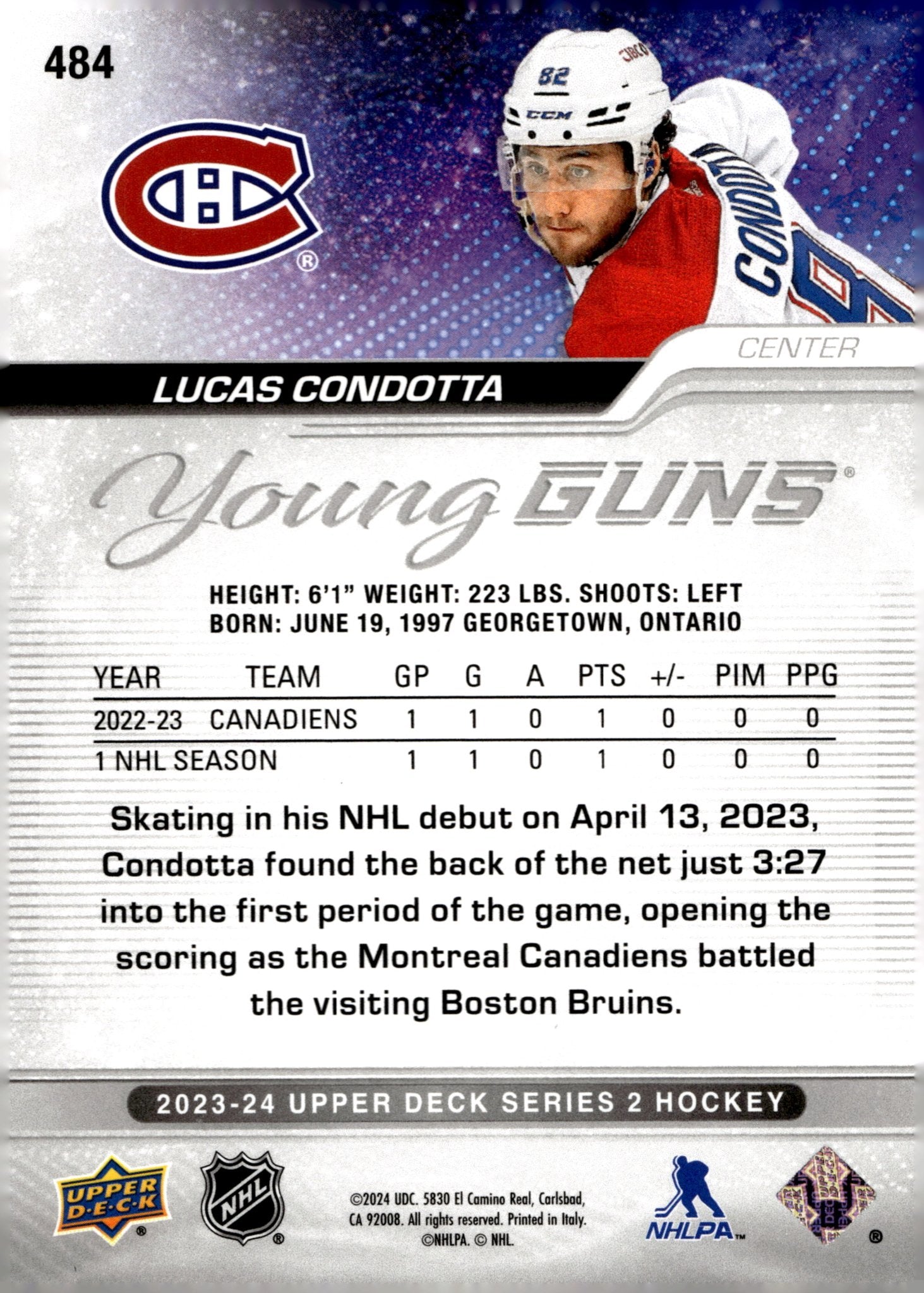 Lucas Condotta 2023 - 24 Upper Deck Series 2 Young Guns RC #484 #2 - Collector Store LLC