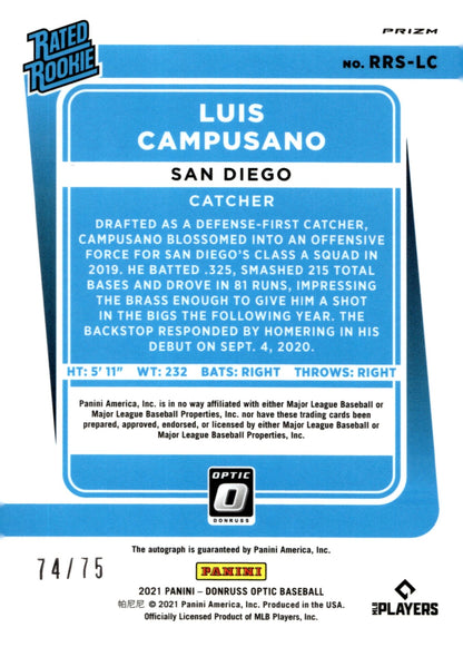 Luis Campusano 2021 Panini Donruss Optic Rated Rookie Blue Prizm RC Auto 74/75 - Collector Store LLC