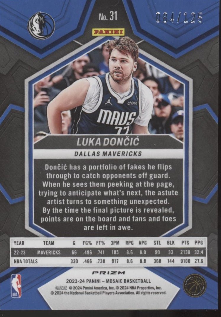 Luka Doncic 2023 - 24 Panini Mosaic Blue Ice Prizm 084/125 #31 - Collector Store LLC