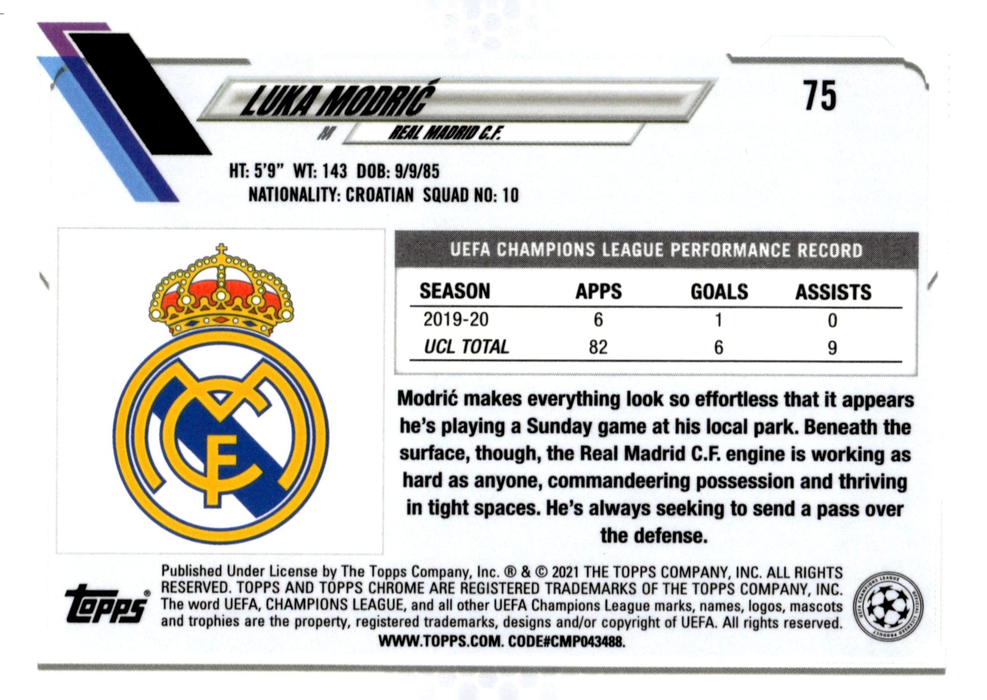 Luka Modric 2020 - 21 Topps Chrome UCL Pink Wave Refractor #75 - Collector Store LLC