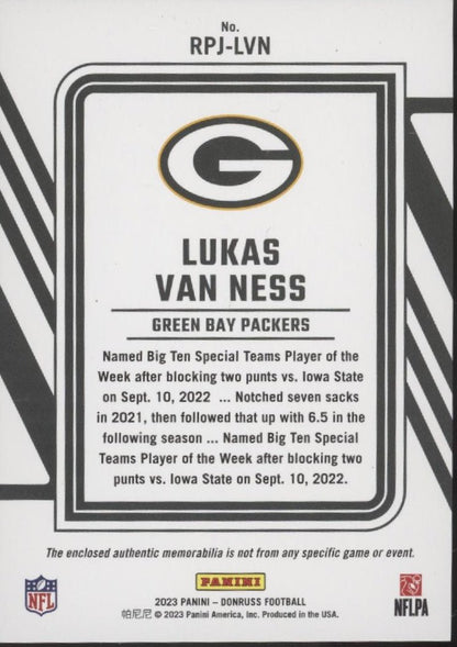 Lukas Van Ness 2023 Panini Donruss Rookie Phenom Swatch #RPJ - LVN - Collector Store LLC