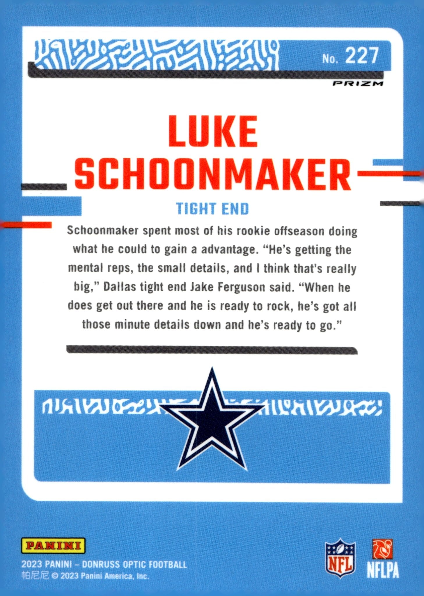Luke Schoonmaker 2023 Donruss Optic Rated Rookie Blue Prism Prizm RC #227 - Collector Store LLC