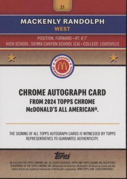 Mackenly Randolph 2024 Chrome McDonald's All American Black Refractor Auto /10 - Collector Store LLC