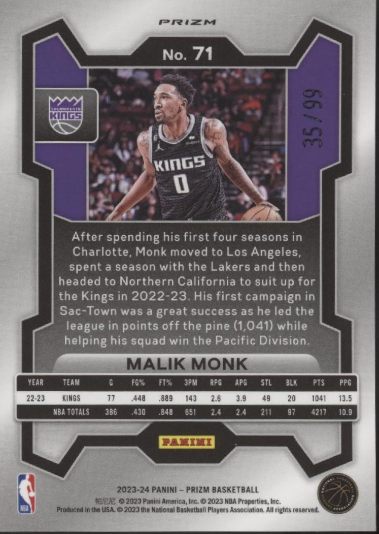 Malik Monk 2023 - 24 Panini Prizm Blue Seismic Prizm 35/99 #71 - Collector Store LLC