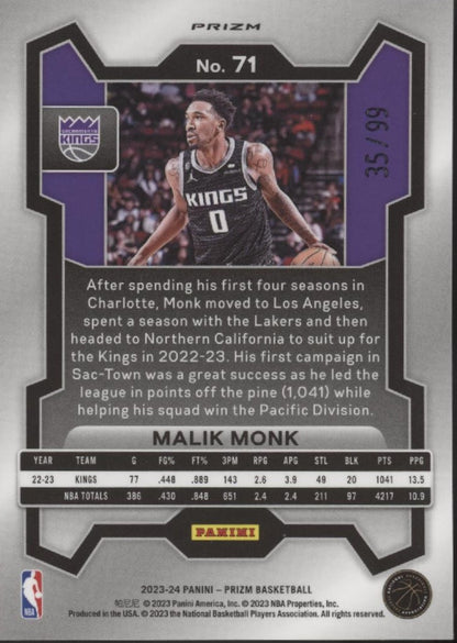 Malik Monk 2023 - 24 Panini Prizm Blue Seismic Prizm 35/99 #71 - Collector Store LLC