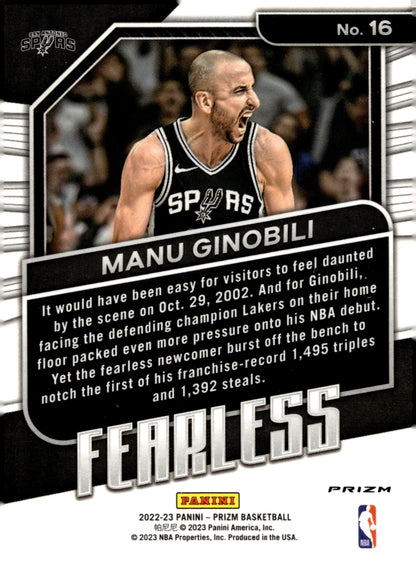 Manu Ginobili 2022 - 23 Panini Prizm Fearless Prizm #16 - Collector Store LLC