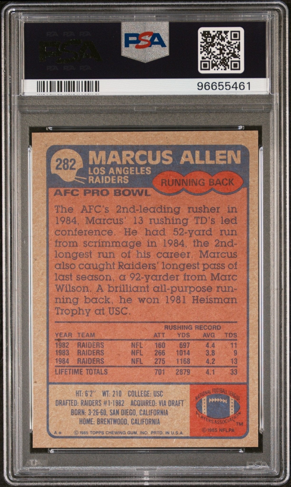 Marcus Allen 1985 Topps #282 PSA 9 - Collector Store LLC