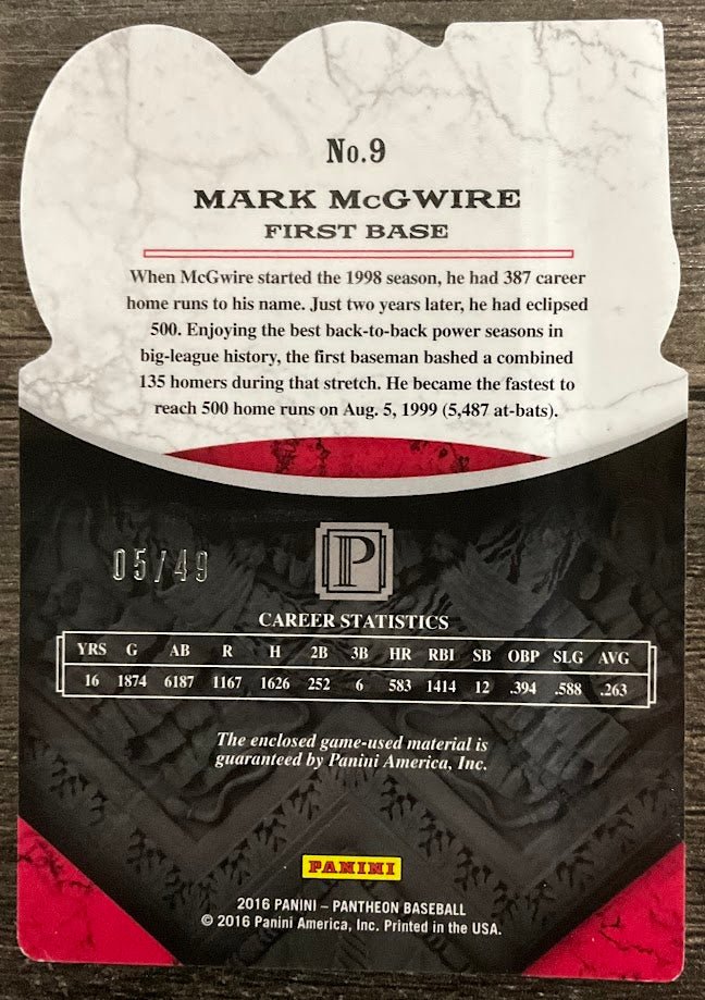 Mark McGwire 2016 Panini Pantheon 500 Home Run Club Swatch 05/49 #9 - Collector Store LLC
