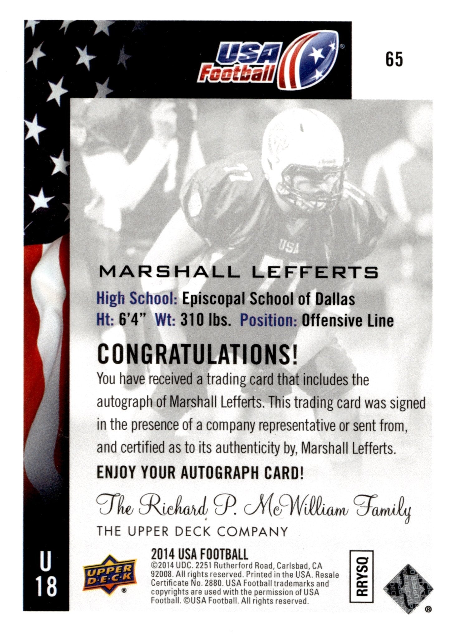 Marshall Lefferts 2014 Upper Deck USA Football Auto #65 - Collector Store LLC