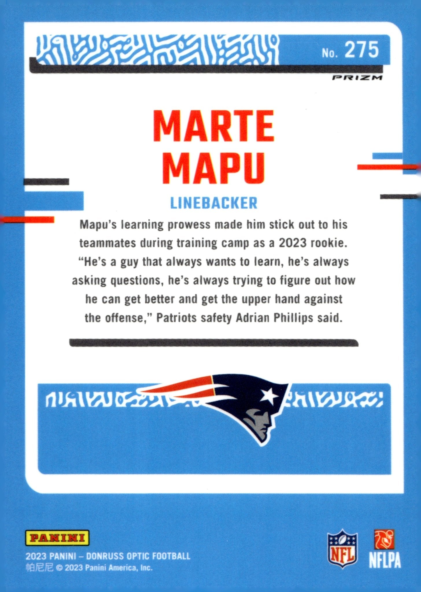Marte Mapu 2023 Panini Donruss Optic Rated Rookie Prizm RC #275 - Collector Store LLC
