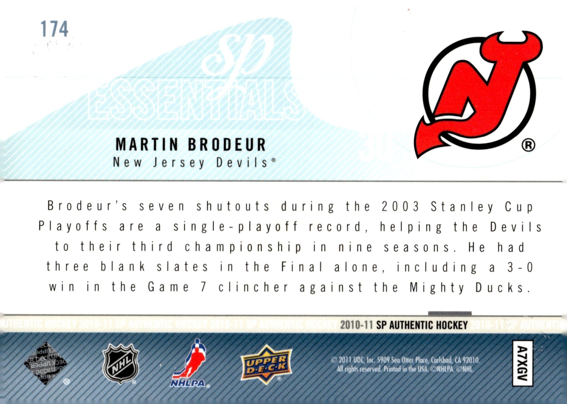 Martin Brodeur 2010 - 11 Upper Deck SP Authentic Essentials 0572/1999 #174 - Collector Store LLC