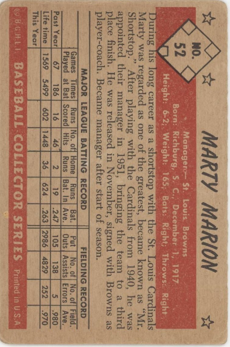 Marty Marion 1953 Bowman #52 St. Louis Browns VG - Collector Store LLC