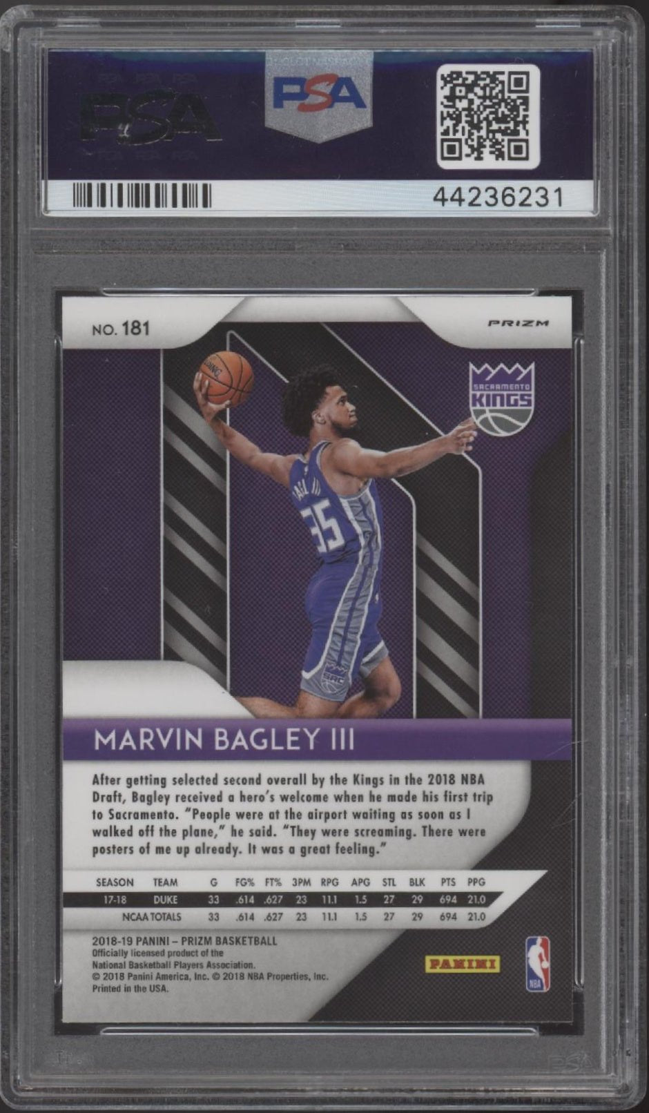 Marvin Bagley III 2018 - 19 Panini Prizm Silver Prizm RC #181 PSA 10 - Collector Store LLC