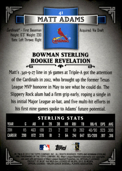 Matt Adams 2012 Bowman Sterling Refractor RC 027/199 #41 - Collector Store LLC