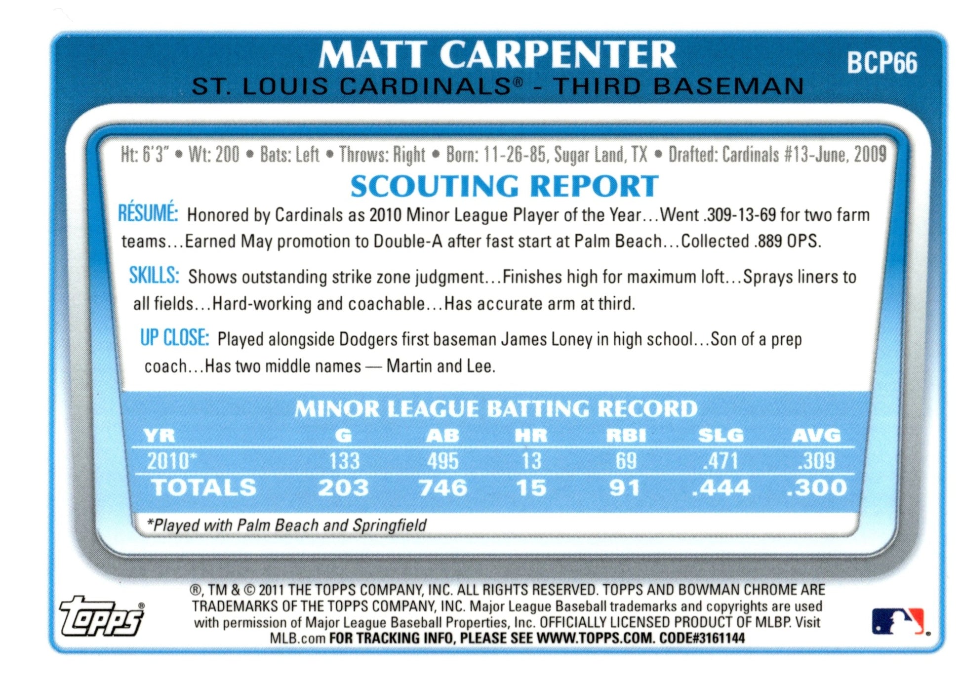 Matt Carpenter 2011 Bowman Chrome #BCP66 #1 - Collector Store LLC