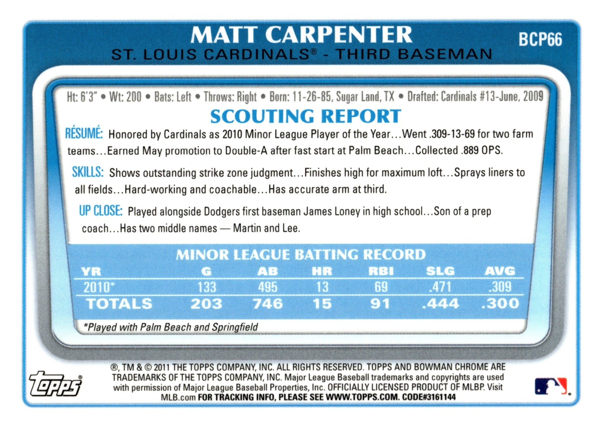 Matt Carpenter 2011 Bowman Chrome #BCP66 #2 - Collector Store LLC