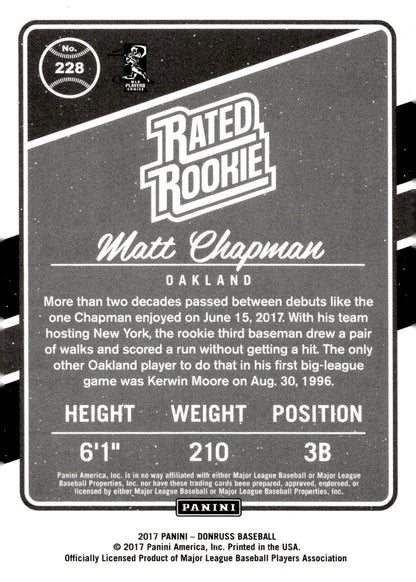 Matt Chapman 2017 Panini Donruss Rated Rookie RC #228 - Collector Store LLC