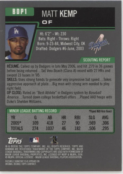 Matt Kemp 2006 Bowman Draft Picks & Prospects Gold Thick RC #BDP1 - Collector Store LLC