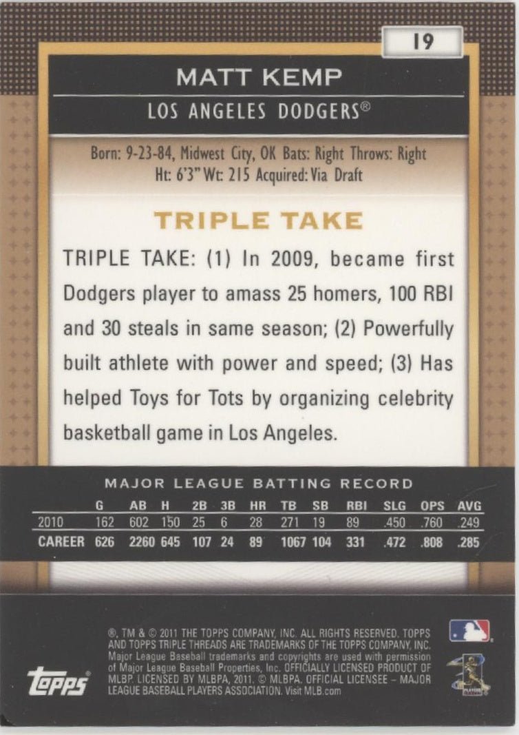 Matt Kemp 2011 Topps Triple Threads 600/625 #19 - Collector Store LLC