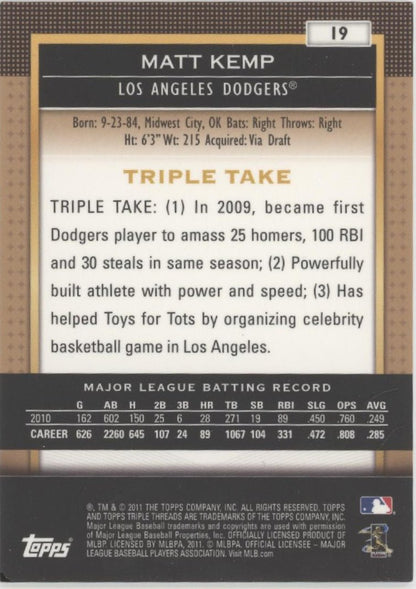 Matt Kemp 2011 Topps Triple Threads 600/625 #19 - Collector Store LLC