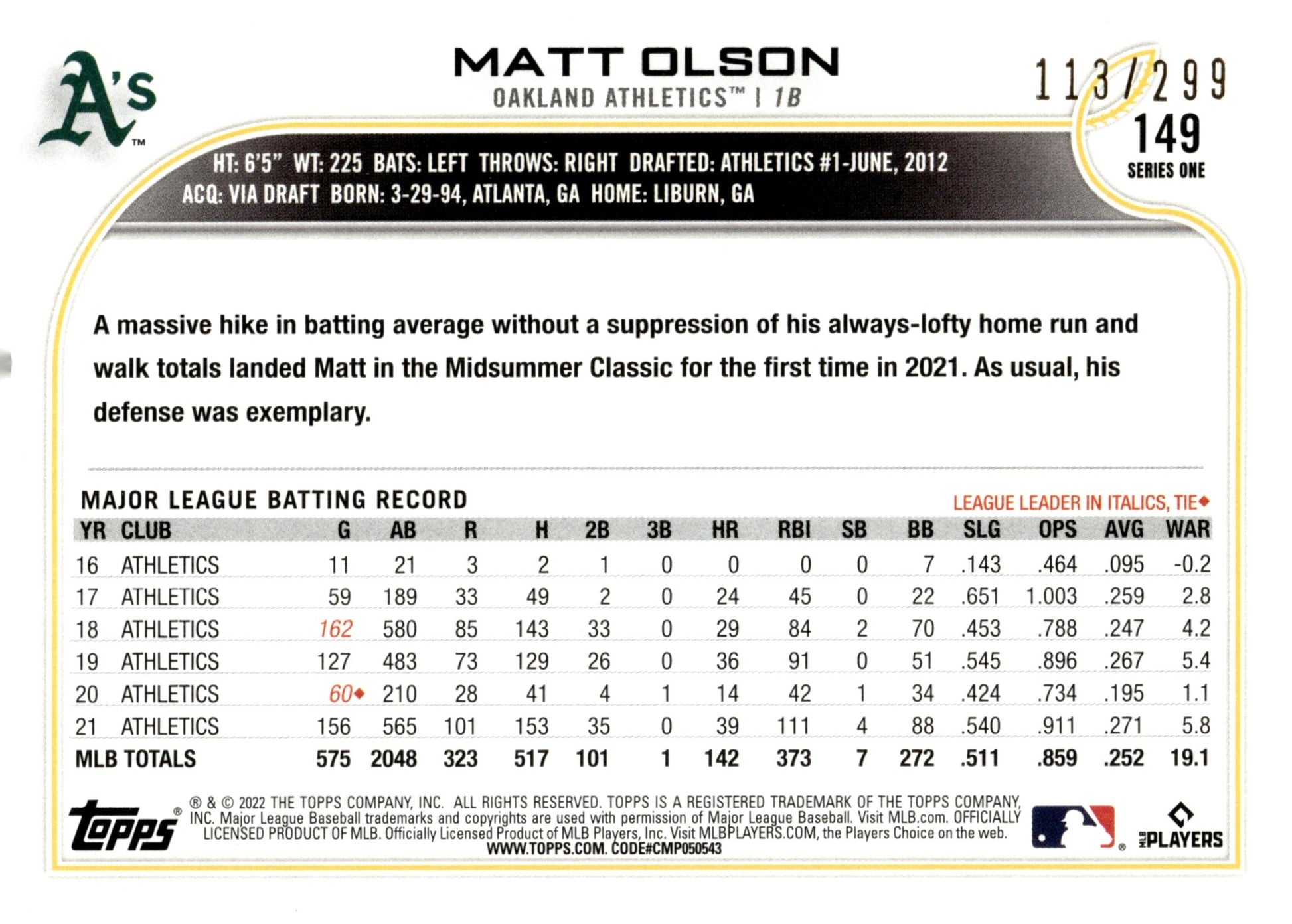 Matt Olson 2022 Topps Series 1 Orange Foilboard 113/299 #149 - Collector Store LLC