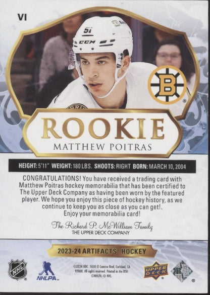 Matthew Poitras 2023 - 24 Upper Deck Artifacts Swatch RC 045/399 - Collector Store LLC