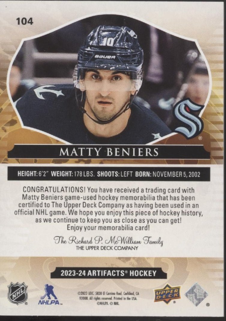 Matty Beniers 2023 - 24 Upper Deck Artifacts Swatch 168/199 #104 - Collector Store LLC