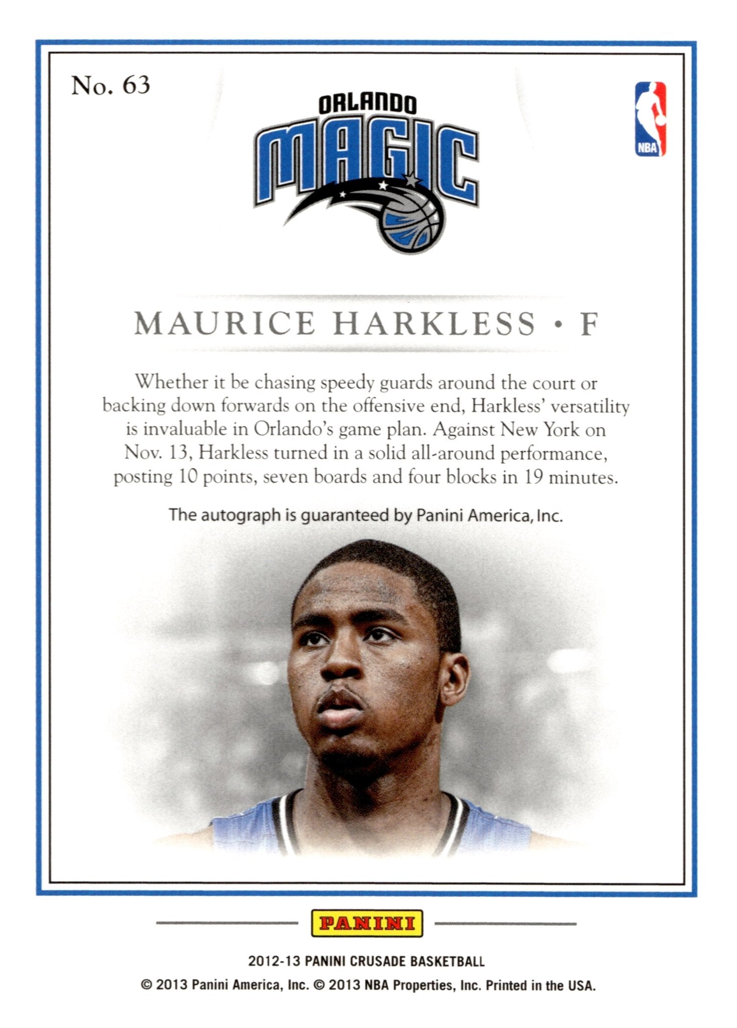 Maurice Harkless 2012 - 13 Panini Crusade Quest Auto #63 - Collector Store LLC