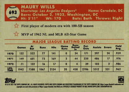 Maury Wills 2021 Topps Chrome Platinum #693 - Collector Store LLC