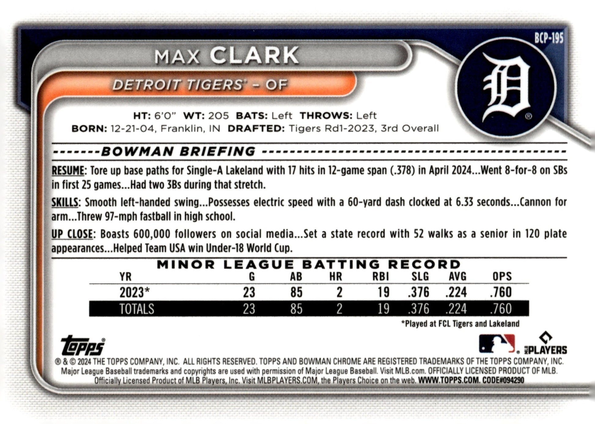Max Clark 2024 Bowman Chrome Mojo Refractor #BCP - 195 #2 - Collector Store LLC