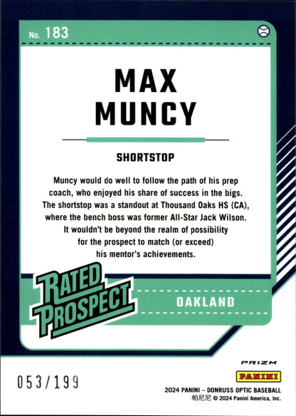 Max Muncy 2024 Panini Donruss Optic Rated Prospect Orange Prizm 053/199 #183 - Collector Store LLC