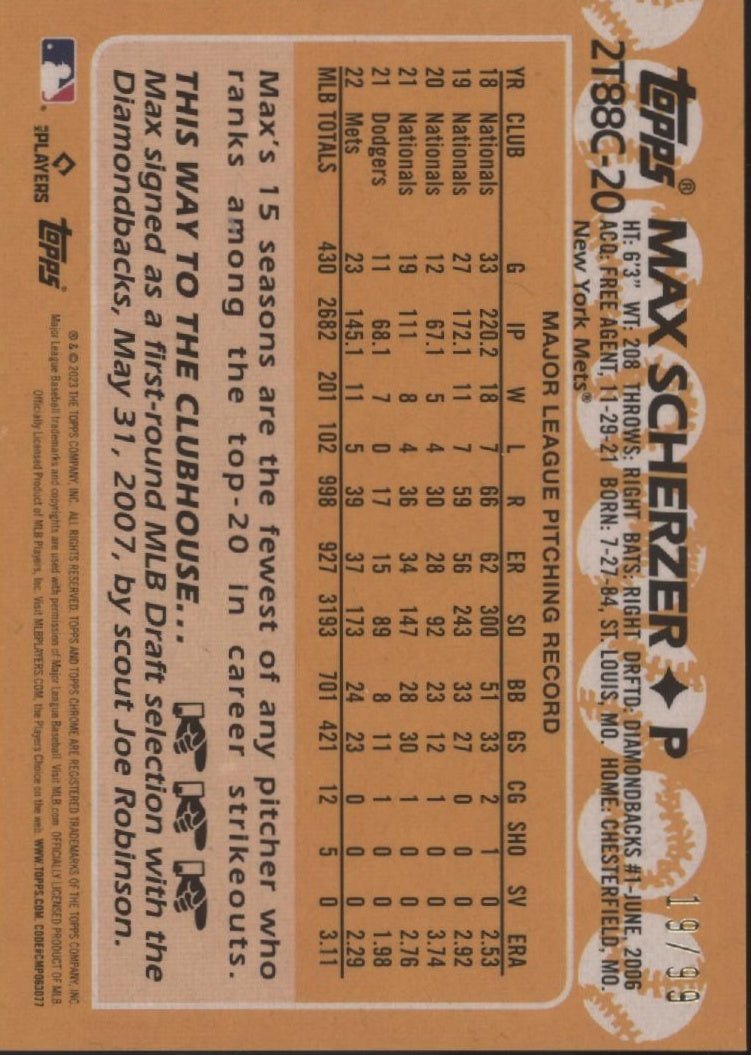 Max Scherzer 2023 Topps Chrome 35th Anniversary Green Mojo Refractor 19/99 - Collector Store LLC