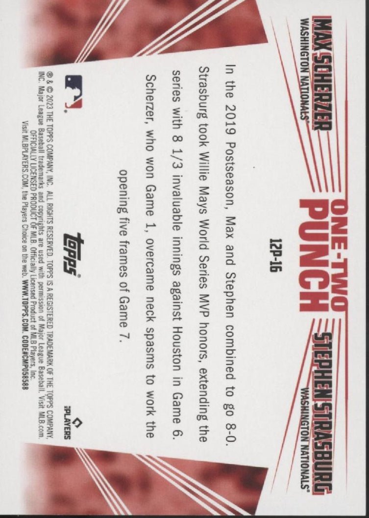 Max Scherzer / Stephen Strasburg 2023 Topps Series 1 One - Two Punch Black #12P - 16 - Collector Store LLC