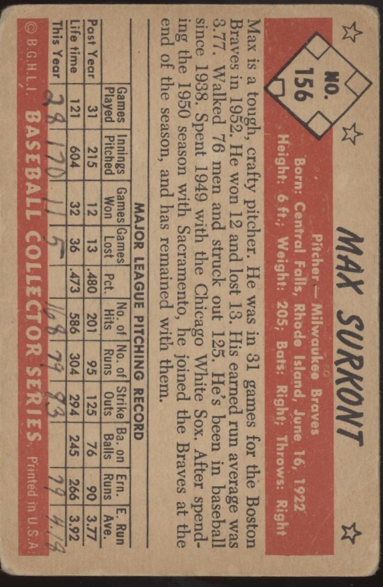 Max Surkont 1953 Bowman #156 Milwaukee Braves VG Marked - Collector Store LLC