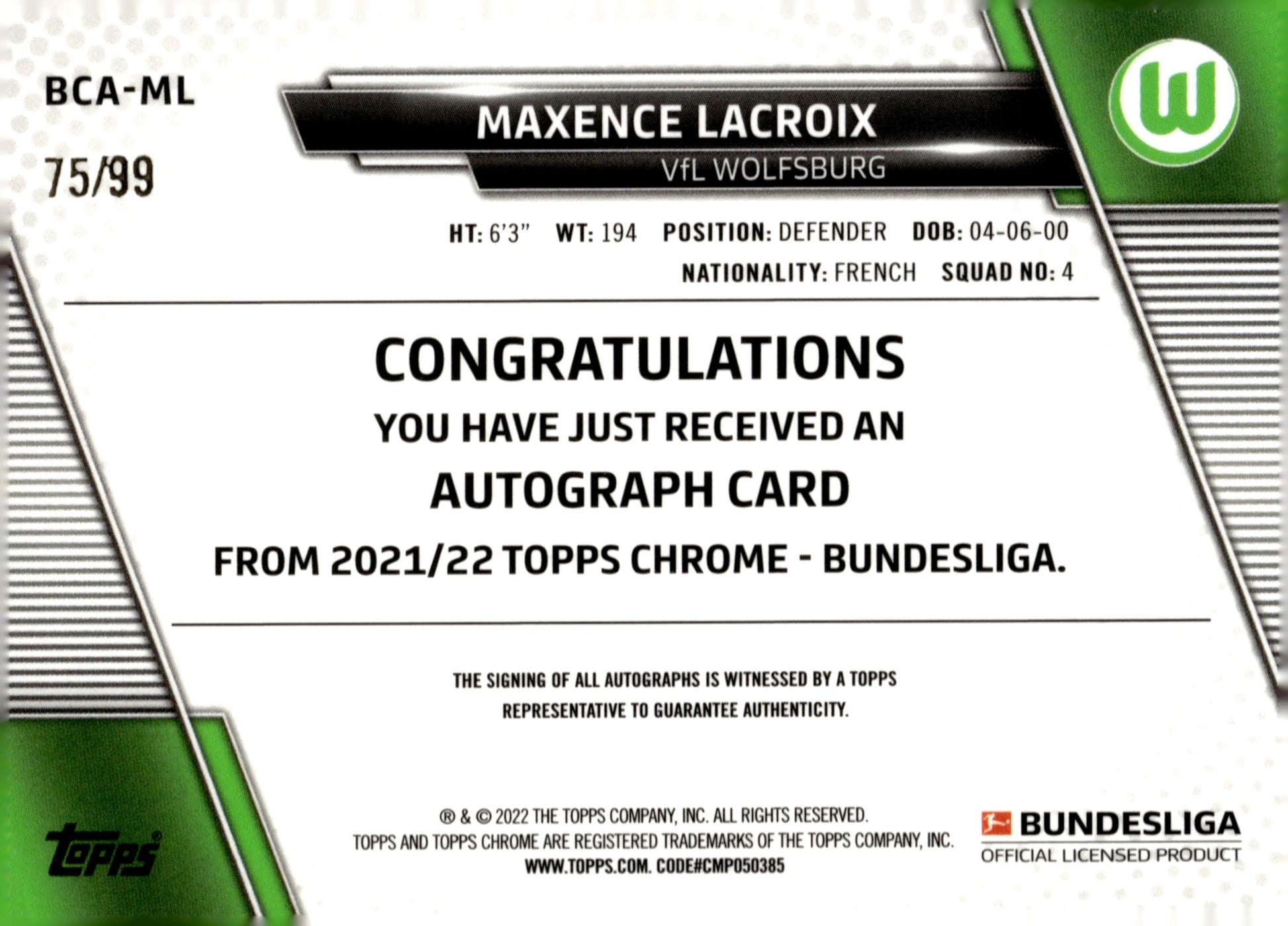 Maxence Lacroix 2021 - 22 Topps Chrome Bundesliga Green Refractor Auto 75/99 - Collector Store LLC