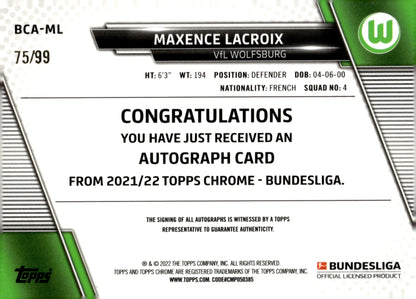 Maxence Lacroix 2021 - 22 Topps Chrome Bundesliga Green Refractor Auto 75/99 - Collector Store LLC