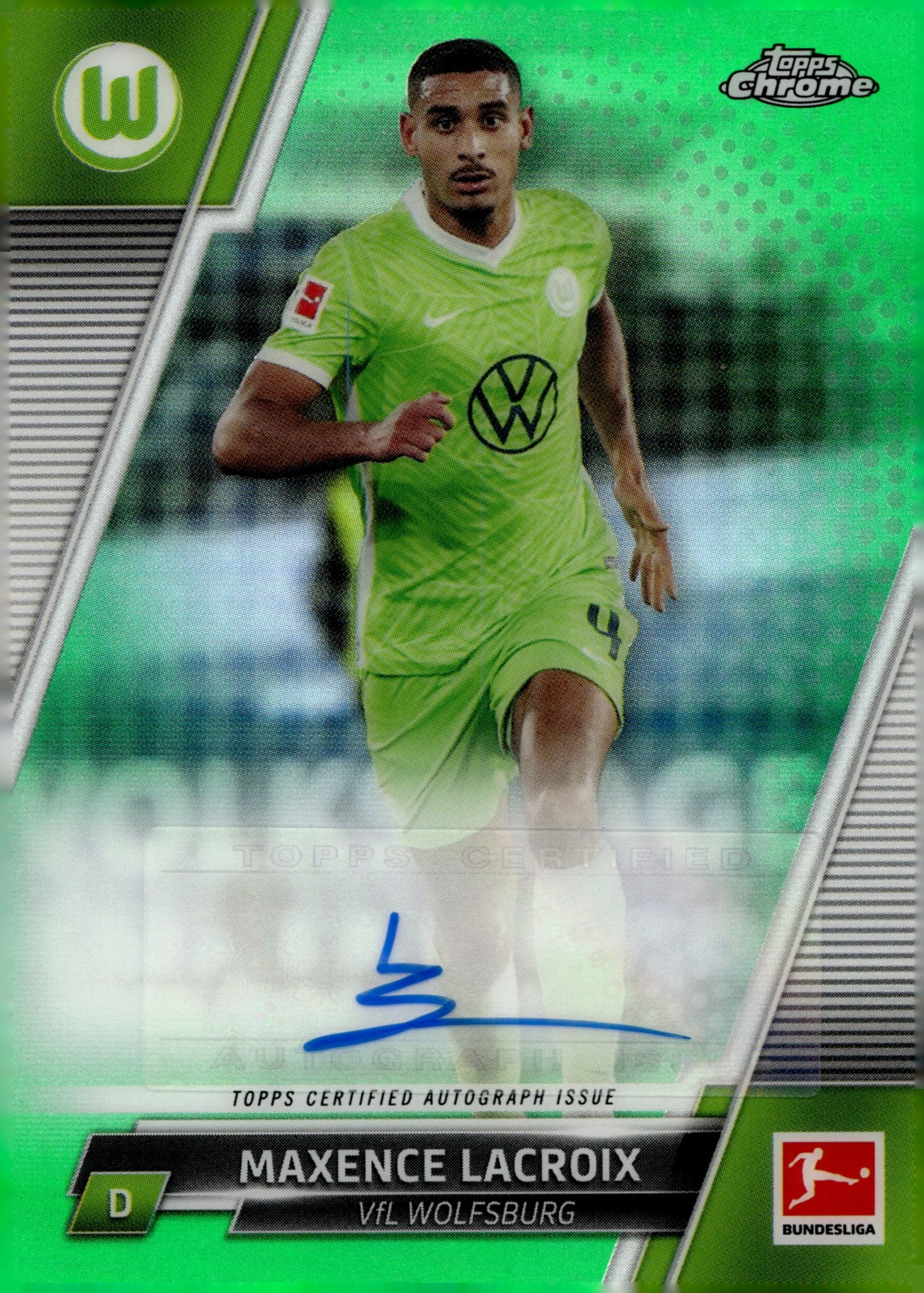 Maxence Lacroix 2021 - 22 Topps Chrome Bundesliga Green Refractor Auto 75/99 - Collector Store LLC