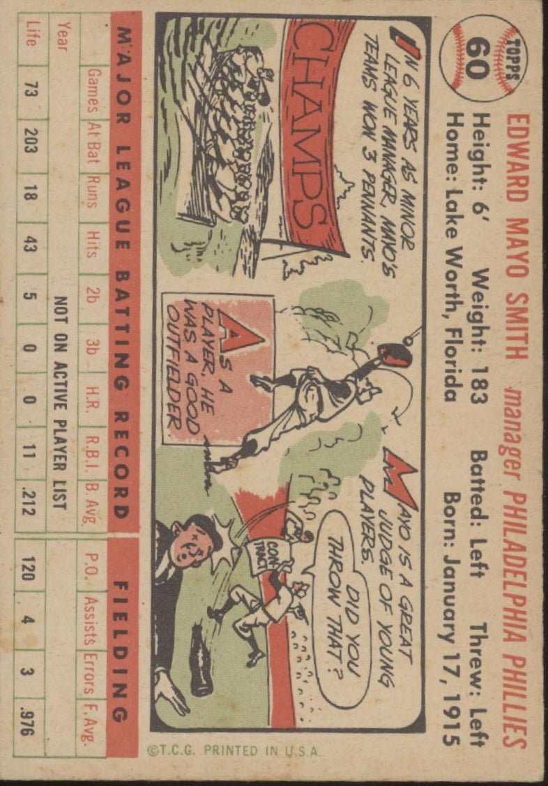 Mayo Smith 1956 Topps #60 Philadelphia Phillies EX #2 - Collector Store LLC