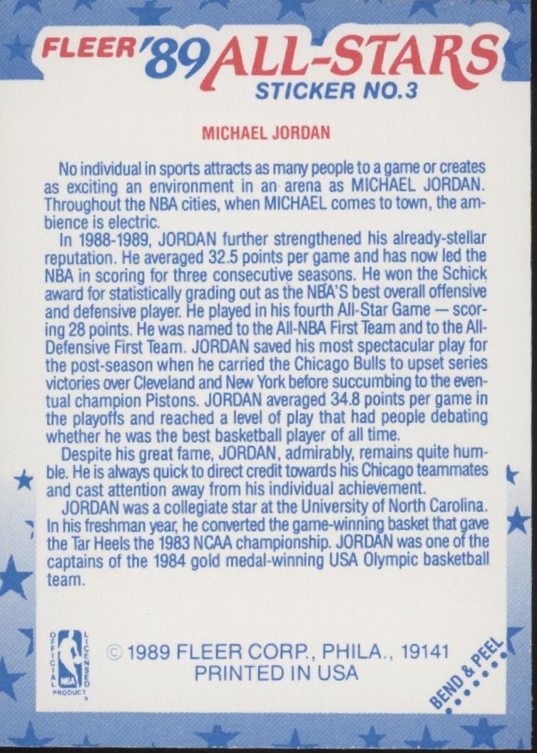 Michael Jordan 1989 - 90 Fleer Stickers All - Star #3 - Collector Store LLC