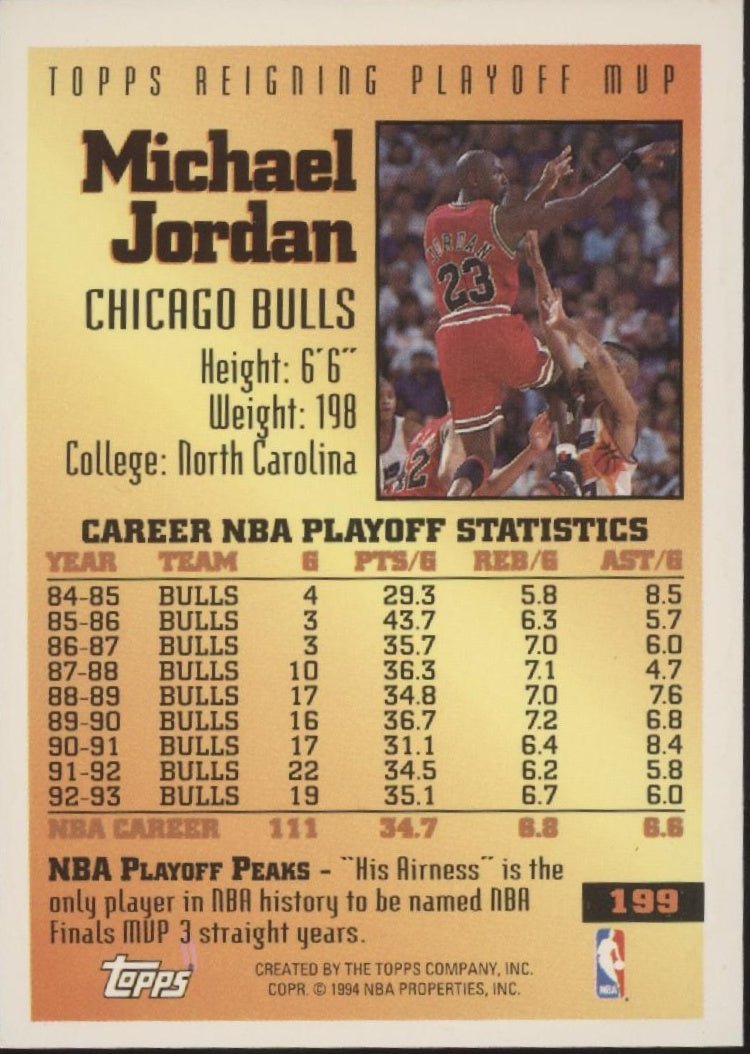 Michael Jordan 1993 - 94 Topps Reigning Playoff MVP #199 #2 - Collector Store LLC