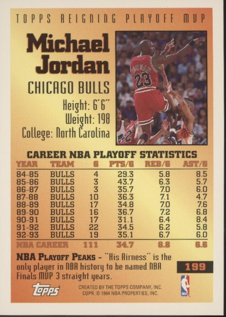 Michael Jordan 1993 - 94 Topps Reigning Playoff MVP #199 #3 - Collector Store LLC